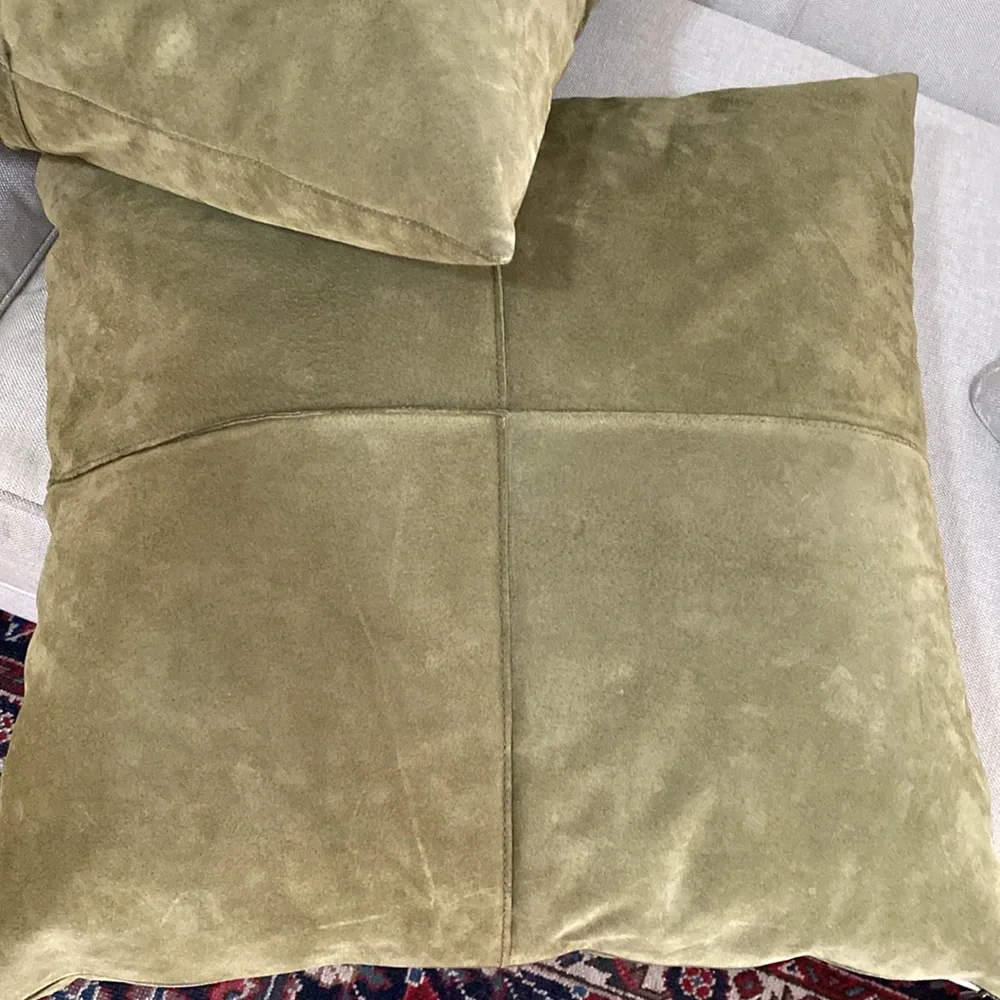Crate & Barrel accent sofa pillows (2) Dust Suede Spruce green 20” feather fill
